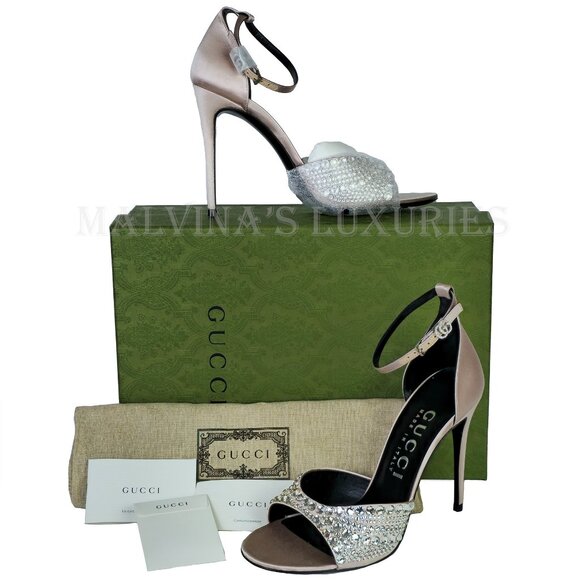 GUCCI SHOES CRYSTAL EMBELLISHED SATIN HIGH HEEL SANDALS sz 39 9 - Picture 2 of 15